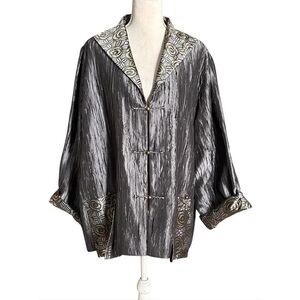 Vintage Rising Phoenix Plissé Silk Metallic Silver Brocade Floral Jacket 2X